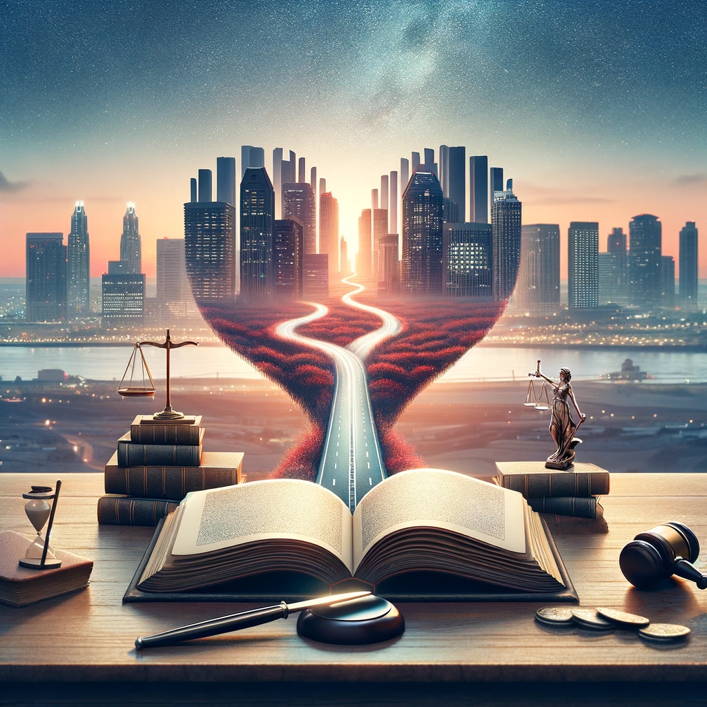 An open book with pages transforming into a road leading to a city skyline at sunset, with a compass and gavel in the foreground.